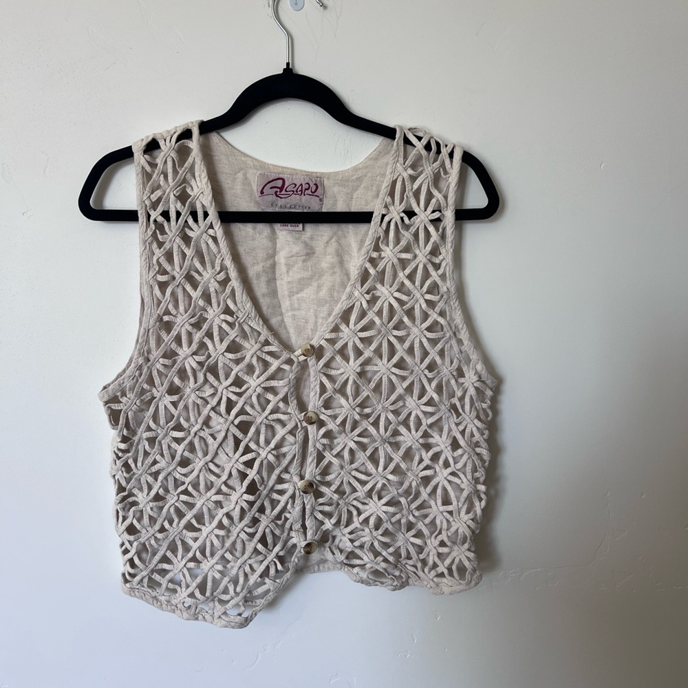 Agapo Cotton Beige Crochet Sleeveless Top Vest Size Medium Whimsy Boho Artsy